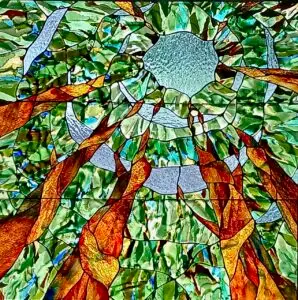 Resonance stained glass privacy window with fused glass elements portfolios stained glass windows
