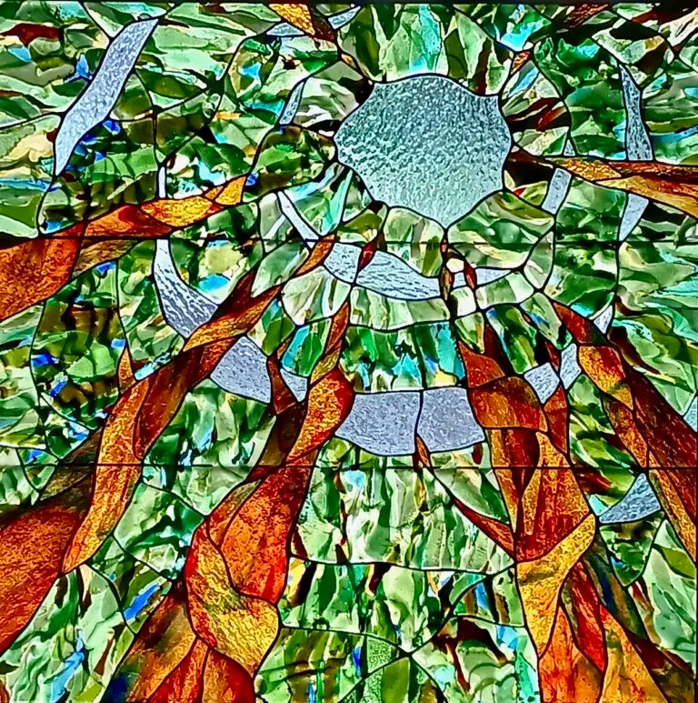 Resonance stained glass privacy window with fused glass elements portfolios stained glass windows