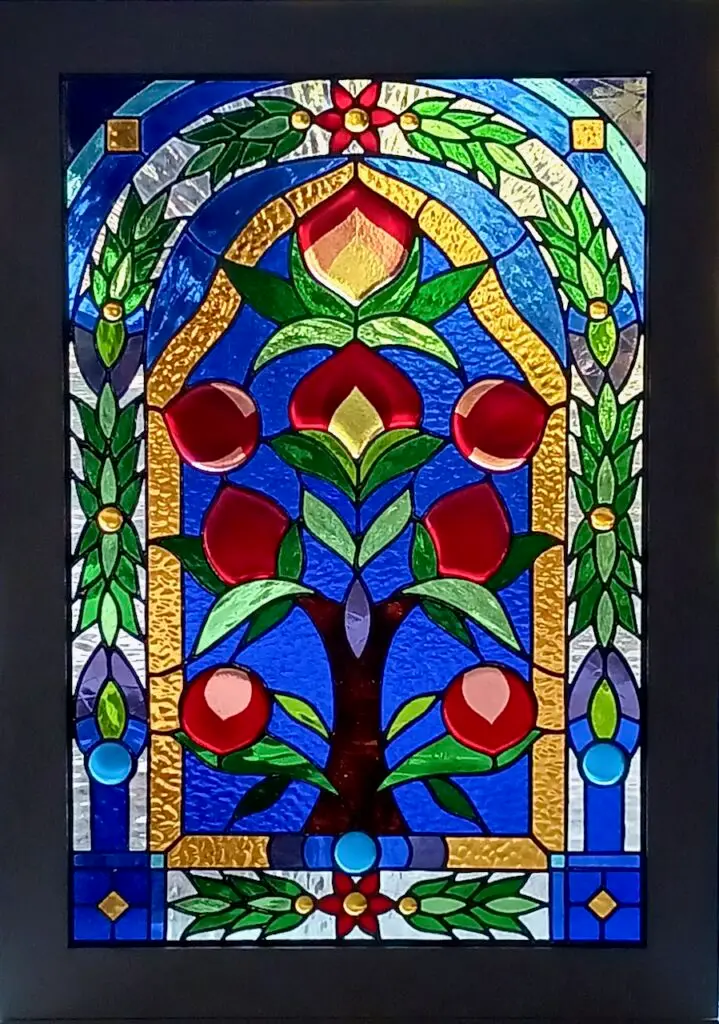 Tree of Immortality stained glass panel with fused glass elements portfolio stained glass panels