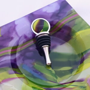 Fused Glass Wine Bottle Coaster Market Basket - with the Aubergine wine bottle stopper