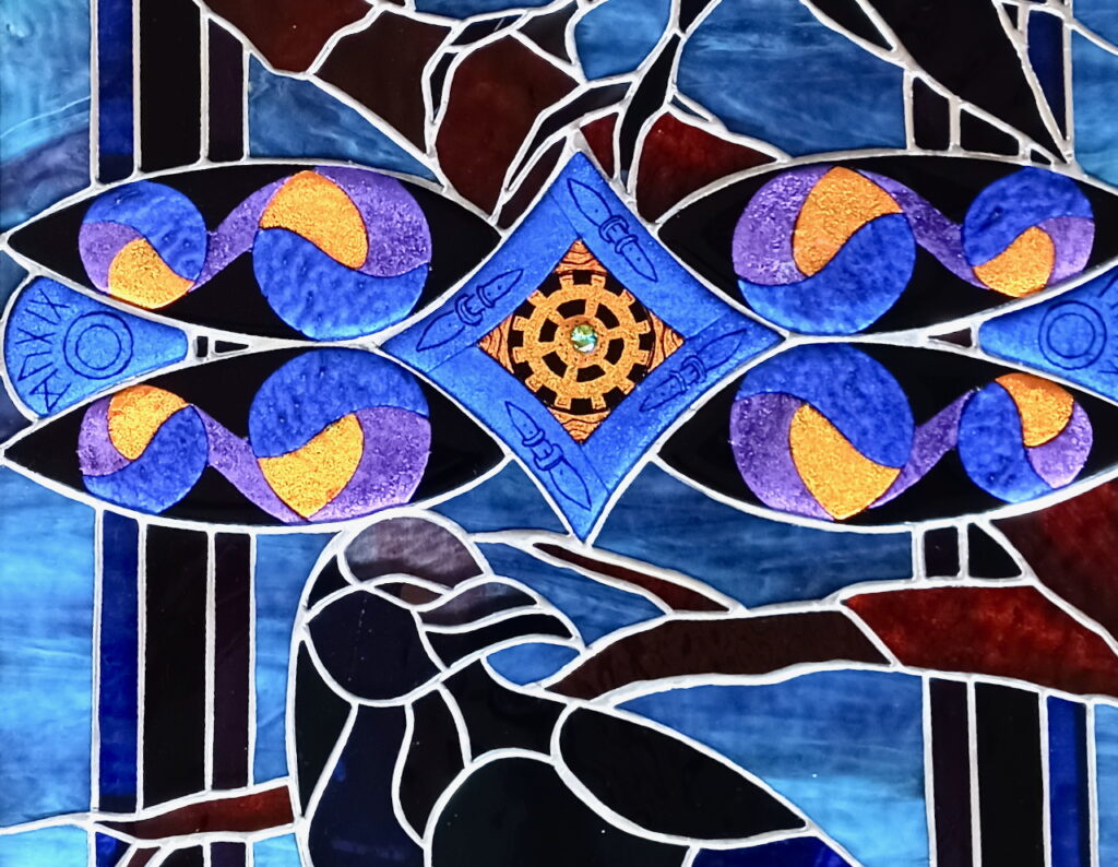 Ravenwood stained glass home office window with fused dichroic glass elements - detail