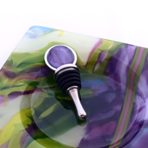 Fused Glass Bottle Stopper Thai Lavender - with wine bottle coaster