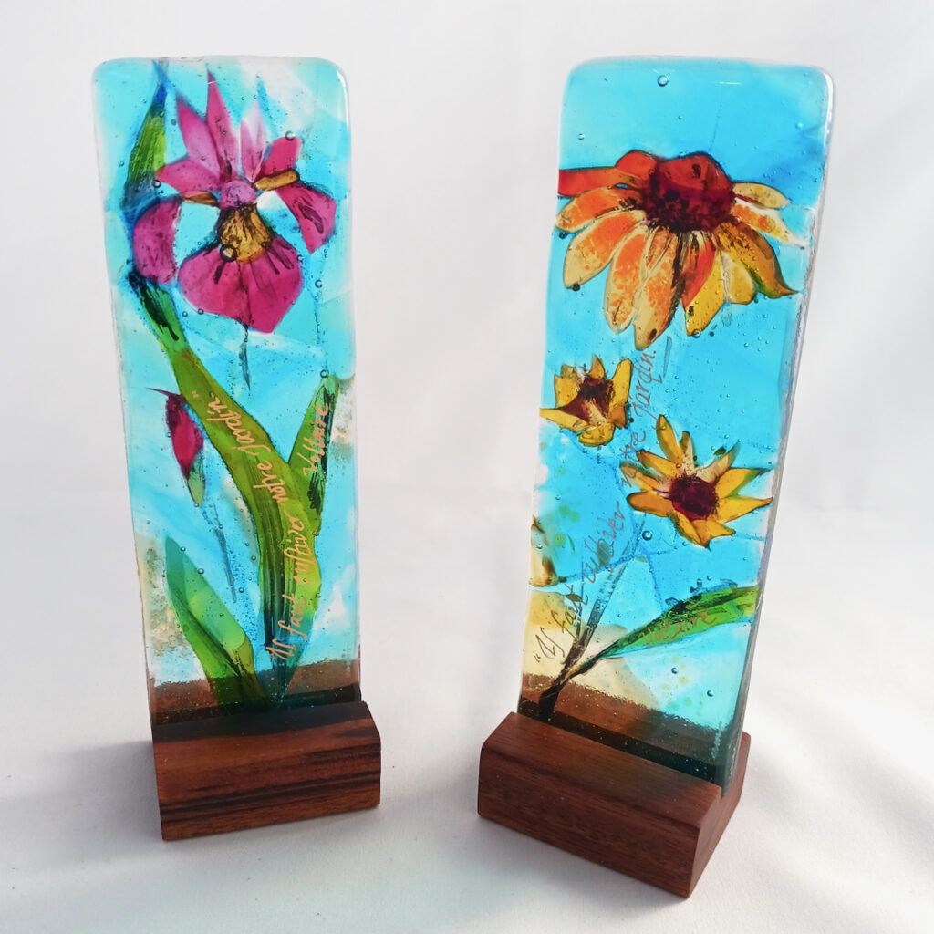 Fused Glass Sculpturette Magenta Iris - with Sunset Echinacea