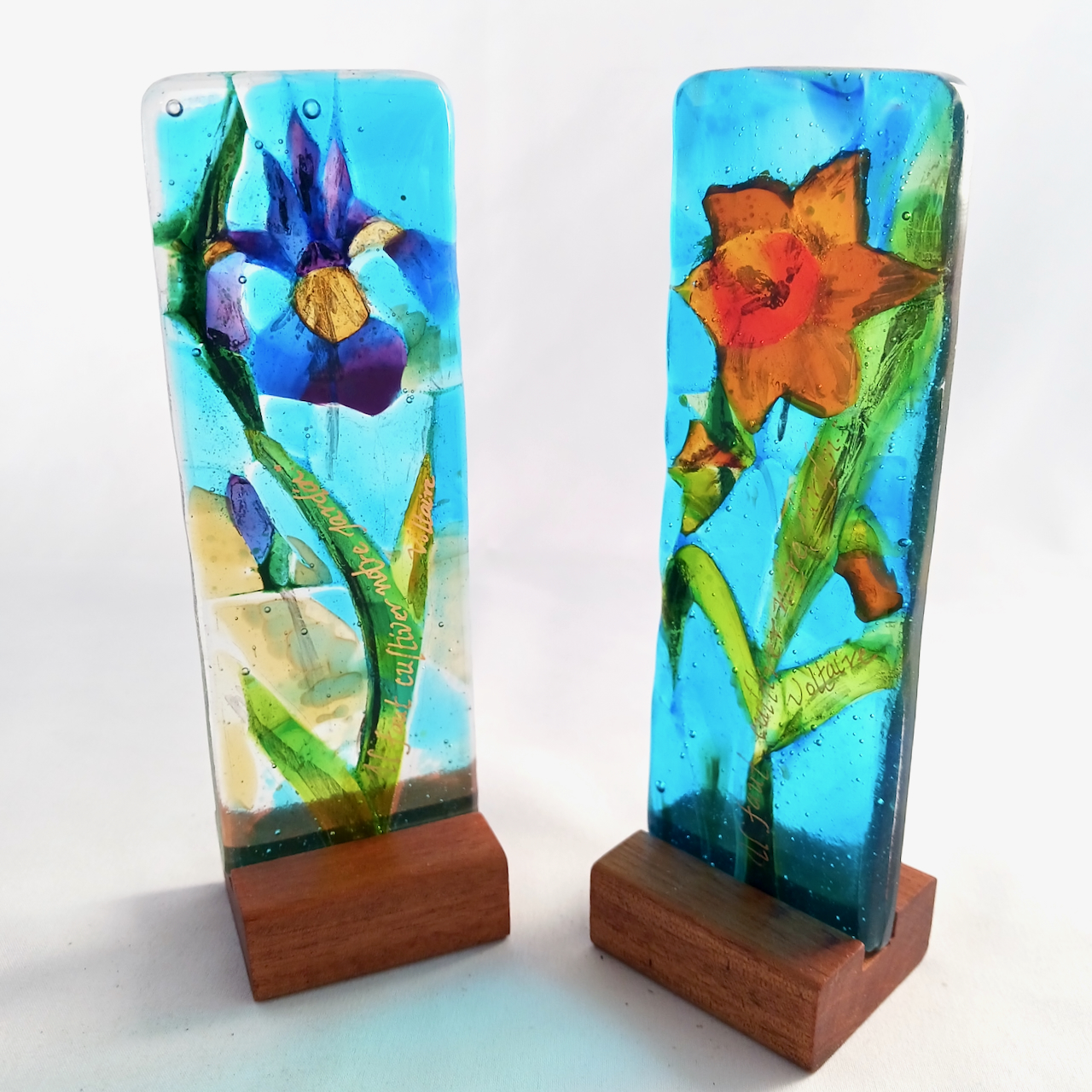 Fused Glass Sculpturette Midnight Iris - with Russet Daffodil