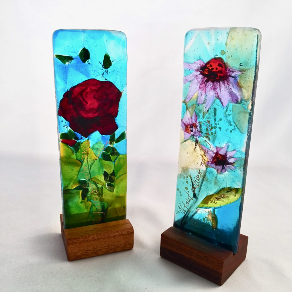 Fused Glass Sculpturette Red Velvet Rose - with Lavender Echinacea